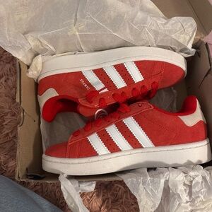 Adidas Scarlet and White Suede Sneakers